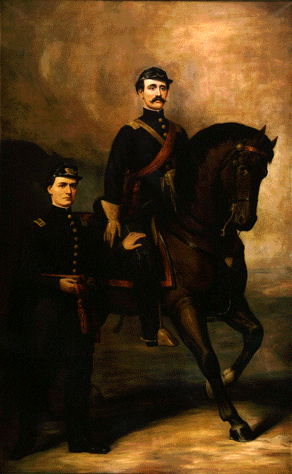 Two men in civil war uniforms. One man is sitting on top of a horse while the other stands beside them